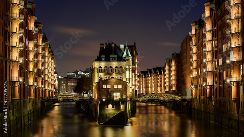 City view of Speicherstadt of Hamburg, Germany at night