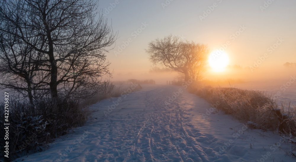 Schneelandschaft - Winter im Teufelsmoor bei Sonnenaufgang Schneelandschaft - Winter im Teufelsmoor bei Sonnenaufgang