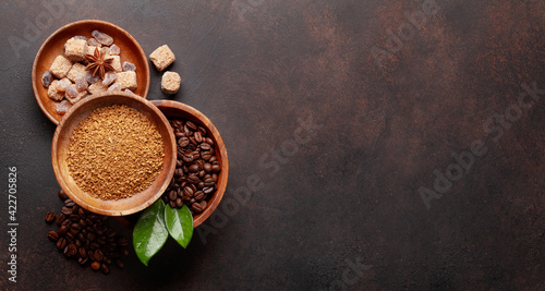 Photography Roasted coffee beans, ground powder and sugar