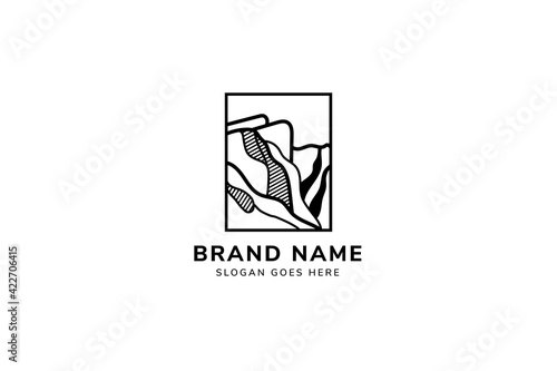 Rock mountain Minimalist Logo Line Art Vector Illustration Template Design, white and black Logo Design.