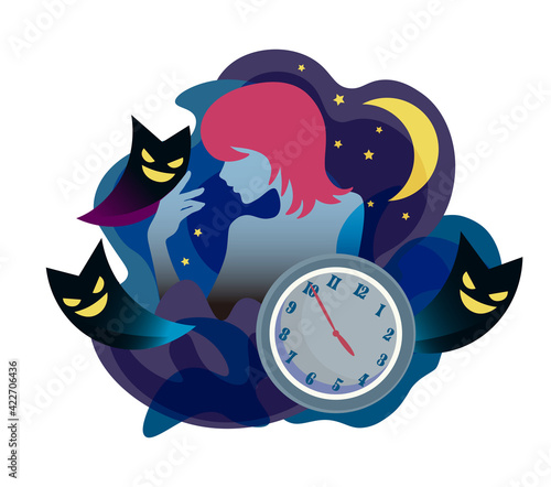 不眠症　女性　悪魔　寝られない　人物　ベクター