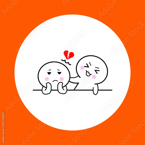 Cartoon round head, heartbroken from love, but having a friend consoling
