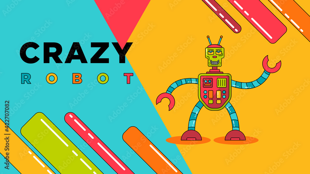 Cartoon crazy robot colorful background vector illustration.