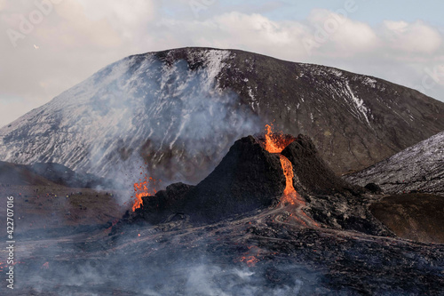 Fissure eruption in the Geldingadalur valley on Mount Fagradalsfjall near the town of Grindavik on the Reykjanes peninsula in southwest Iceland. 