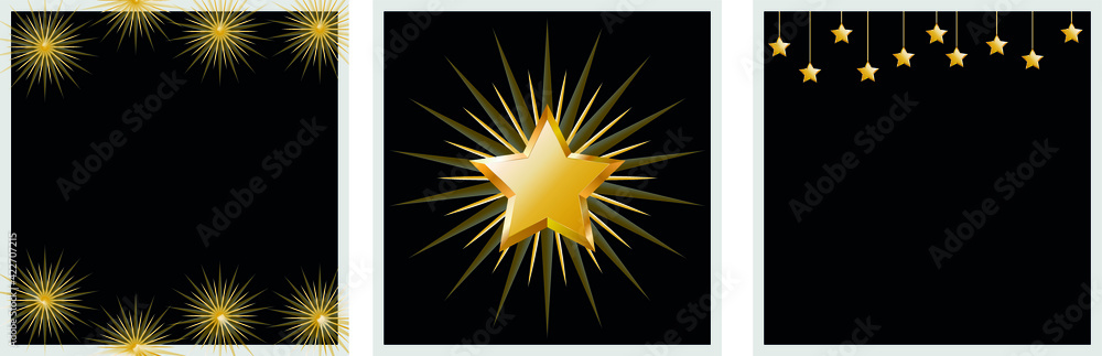 vector set of postcards in black. flat image of a set of postcards with black background and gold stars vector set of postcards in black. flat image of a set of postcards with black background and gold stars