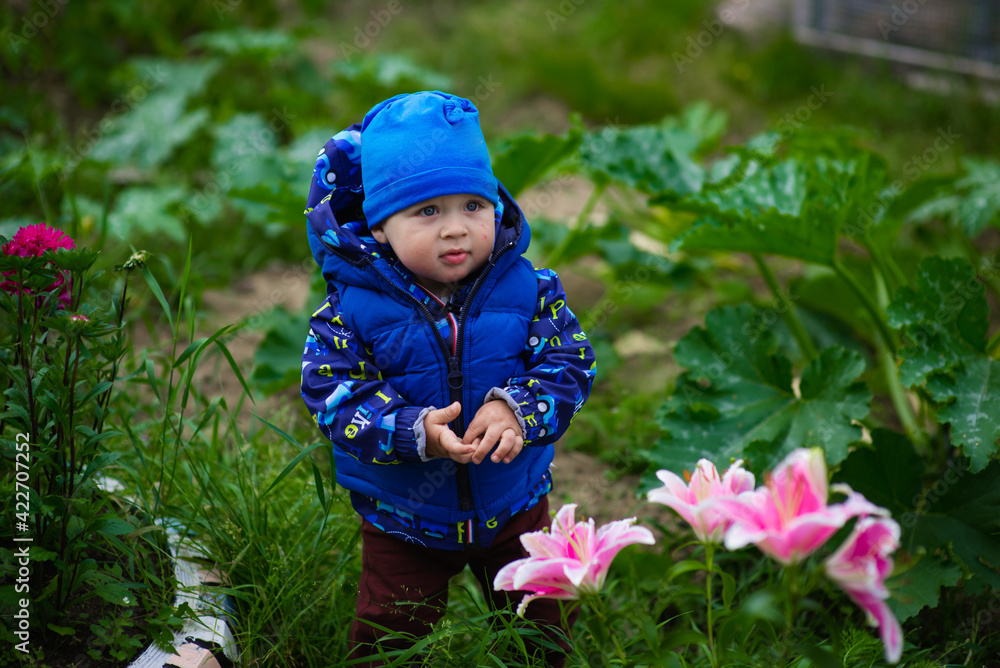 portrait of a baby in summer with lilies, selective focus portrait of a baby in summer with lilies, selective focus