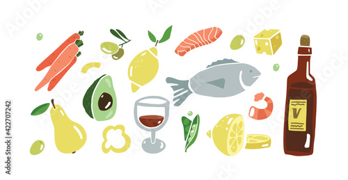 Mediterranean kitchen set. Adriatic food and cuisine. Healthy mediterranean diet. Long life diet. Vector collection.