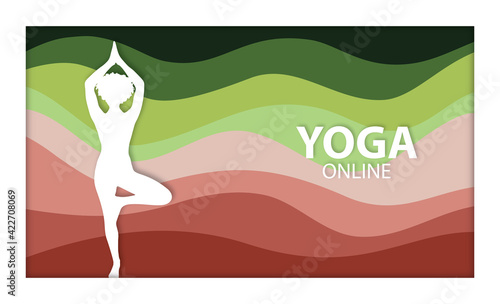 Yoga tree pose woman silhouette vector, colorful banner online yoga class, young lady doing yoga stance papercut minimal illustration