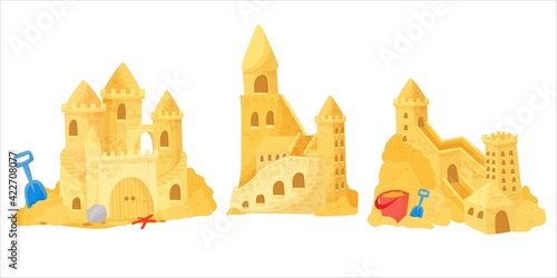 Sand castle on the beach. A set of buildings on the beach, games on the coast. Vector illustration isolated on white background.