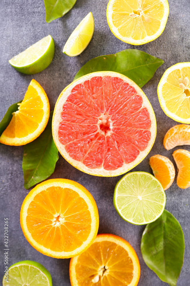 citrus fruit and leaf- top view citrus fruit and leaf- top view