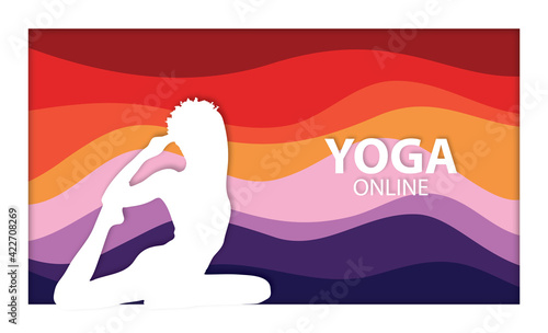 Young girl doing yoga pose papercut silhouette vector, online yoga class banner, bold colors waves background, meditation webinar illustration