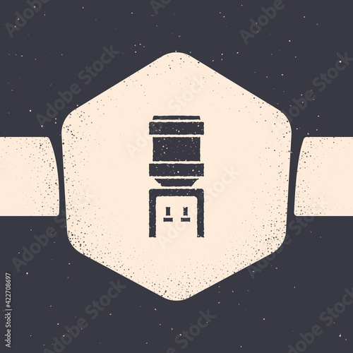 Grunge Water cooler for office and home icon isolated on grey background. Water dispenser. Bottle office, plastic and liquid. Monochrome vintage drawing. Vector