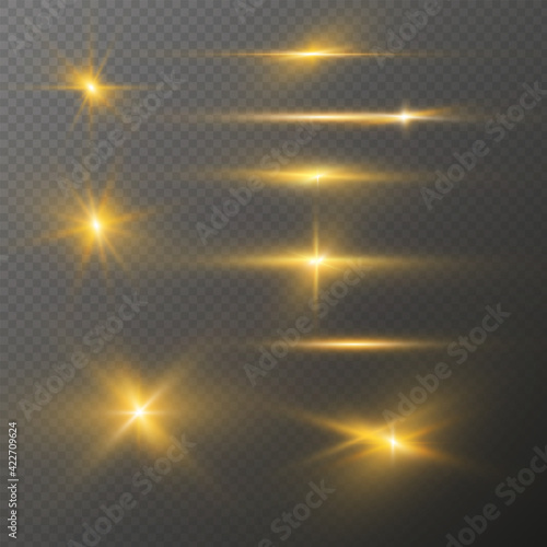 Set of realistic light glare, highlight. Collection of beautiful bright lens flares. Lighting effects of flash. Golden glitter shining stars, sun sparks  on transparent background. Vector EPS10