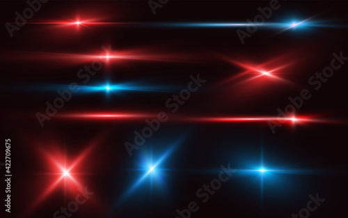 Vector flare set. Realistic bright spotlight, lens flares, light glare, neon highlight. Red and blue glitter shining stars, glowing sparks. Lighting effect collection of flash. Isolated elements