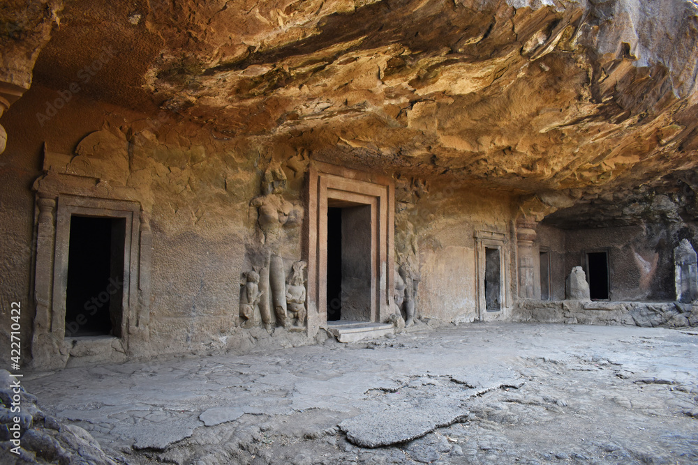 Elephanta Caves, Facade of Cave No. 4 rock cut,  at Elephanta Island or Gharapuri, Mumbai, Maharashtra, India
