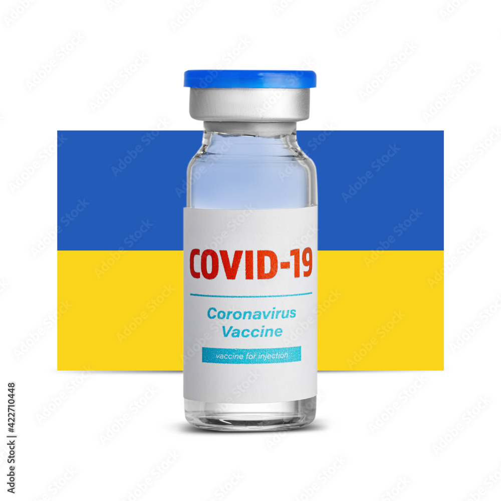 Vaccine for immunization against COVID-19 and flag of Ukraine on white background Vaccine for immunization against COVID-19 and flag of Ukraine on white background