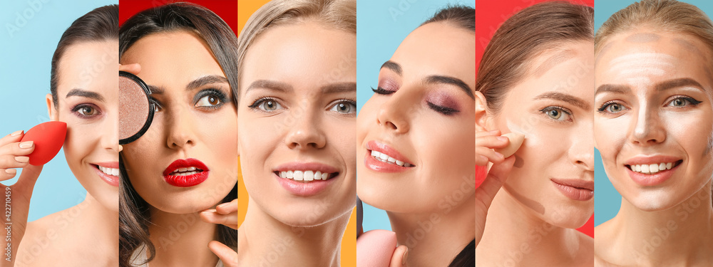 Collage of beautiful young women with natural makeup on color background