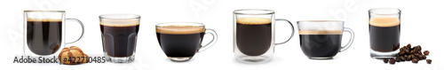 Photo Glasses and cups of hot espresso on white background