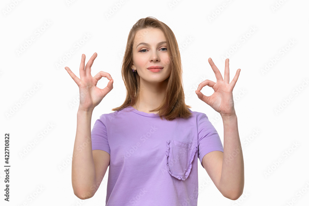 Fototapeta premium Beautiful young woman wearing casual tshirt showing OK sign and smiling