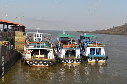 13 Mar 2021, Elephanta caves, Mumbai, Maharashtra, India View from top of Ferry, boats for tourist to ply between mumbai and  at Elephanta Caves photo