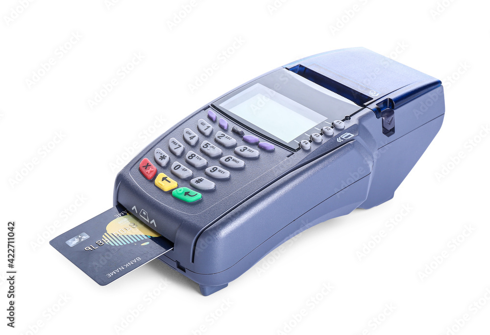 Payment terminal with credit card on white background Payment terminal with credit card on white background
