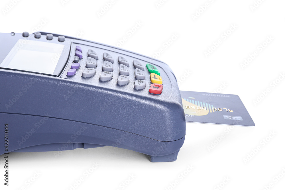 Payment terminal with credit card on white background, closeup Payment terminal with credit card on white background, closeup