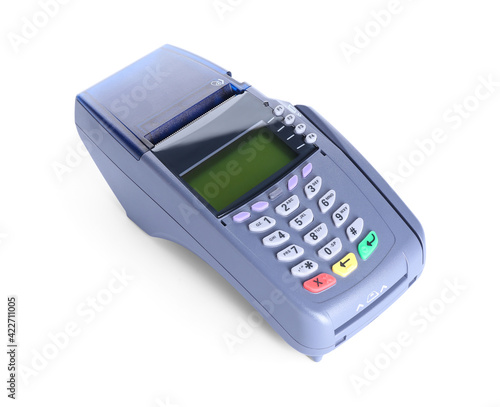 Payment terminal on white background