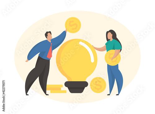 Cartoon characters putting money to bulb. Crowdfunding concept. People raising money for business idea. Crowdsourcing and investment. Flat vector illustration
