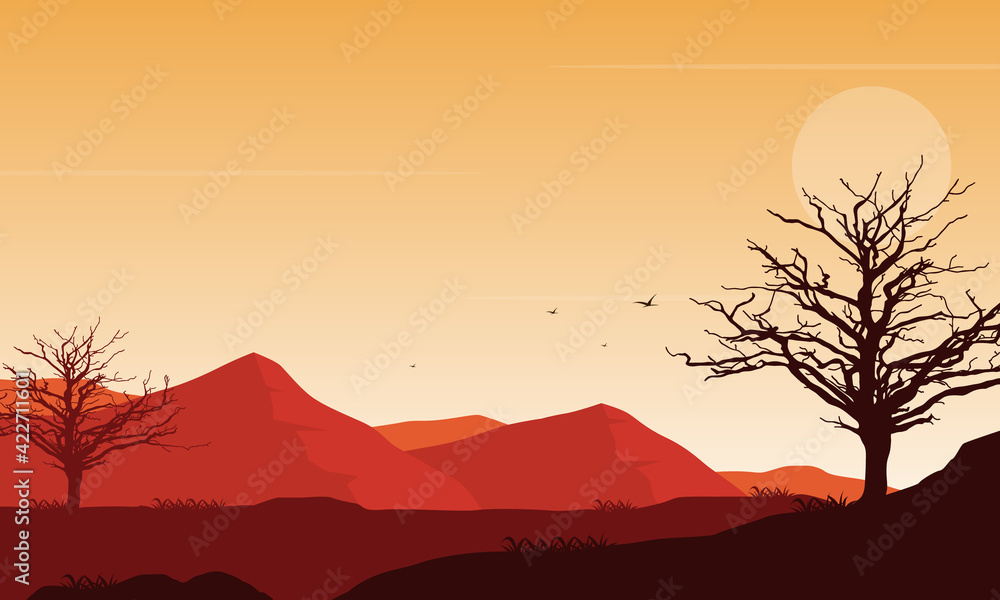Beautiful afternoon with the silhouette of mountains and dry trees from the edge of the city at dusk. Vector illustration