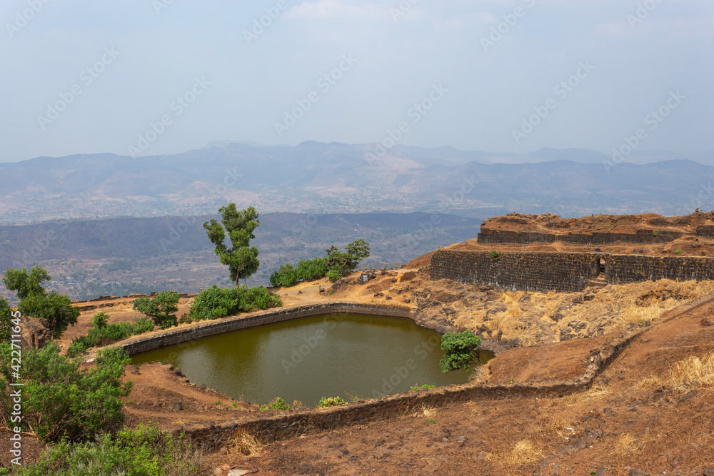 Full view of Padmavati lake from the top,Rajgad fort, Pune, Maharashtra, India.