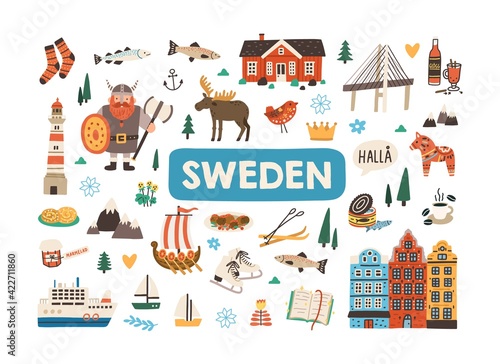 Set of traditional symbols of Sweden and Stockholm isolated on white background. Bundle of Swedish animals, Scandinavian architecture, food, viking, fish and ship. Colored flat vector illustration photo