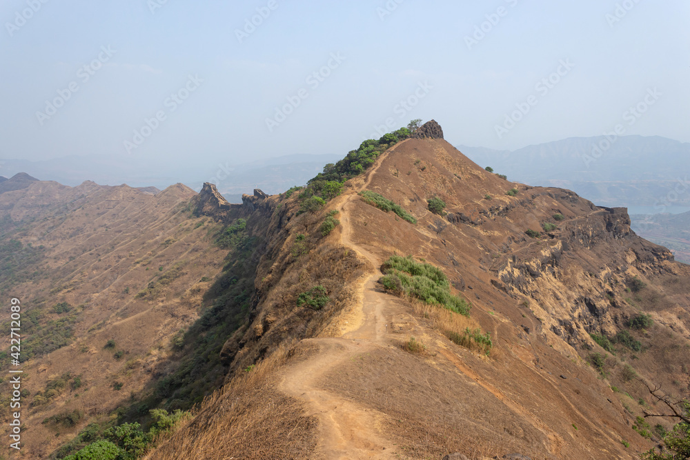 Way of Chilkhati buruj from top fort, Rajgad fort, Pune, Maharashtra, India.