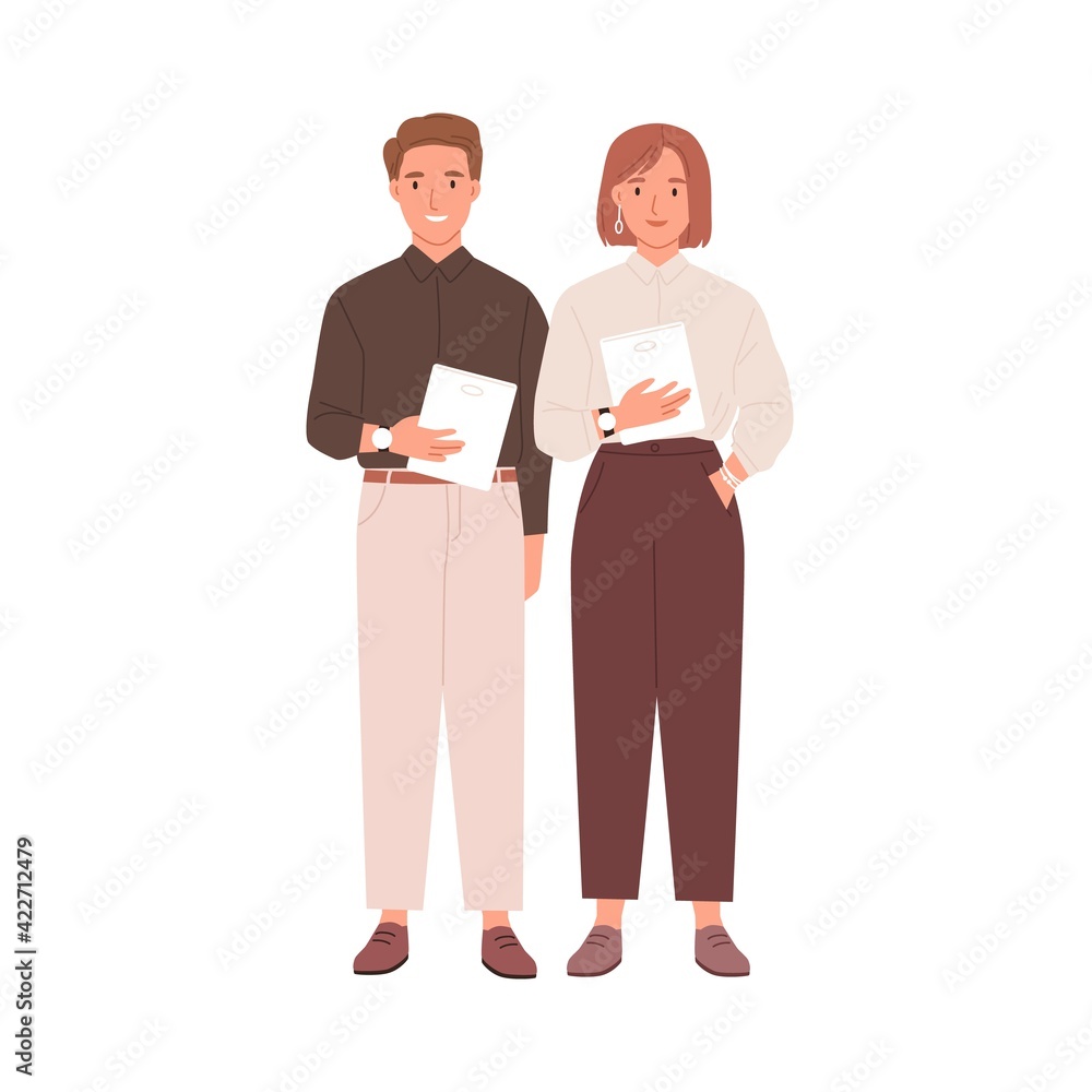 Couple of colleagues standing together with tablets. Portrait of young businessman and businesswoman. Two modern smiling coworkers isolated on white background. Flat vector illustration - obrazy, fototapety, plakaty 