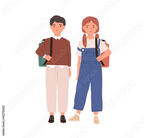 Couple of boy and girl. Portrait of school children with backpacks. Two teen kids standing together. Colored flat vector illustration of schoolboy and schoolgirl isolated on white background