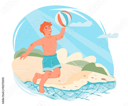 Cute boy playing with a ball on the coast of the sea beach. Boy cartoon character enjoying summer vacation, flat vector illustration isolated on white background. Summer childrens vacation at the sea.