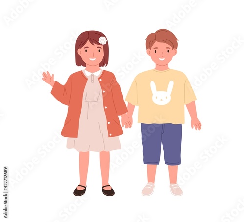 Couple of little boy and girl. Portrait of happy children standing together. Cute smiling kids. Colored flat vector illustration of preschoolers isolated on white background