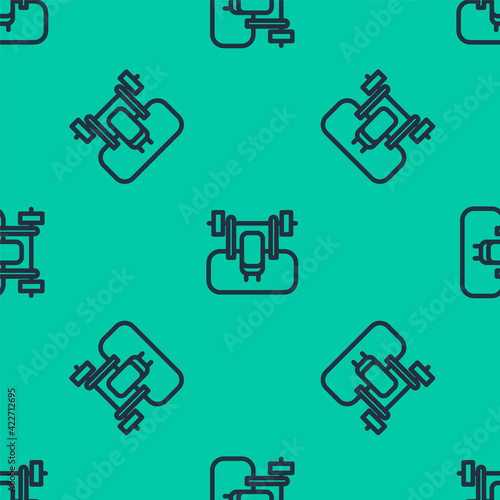 Blue line Bench with barbel icon isolated seamless pattern on green background. Gym equipment. Bodybuilding, powerlifting, fitness concept. Vector