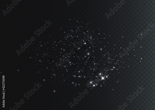 White sparks glitter special light effect.Sparkling magic dust particles.Cosmic glittering wave on transparent background