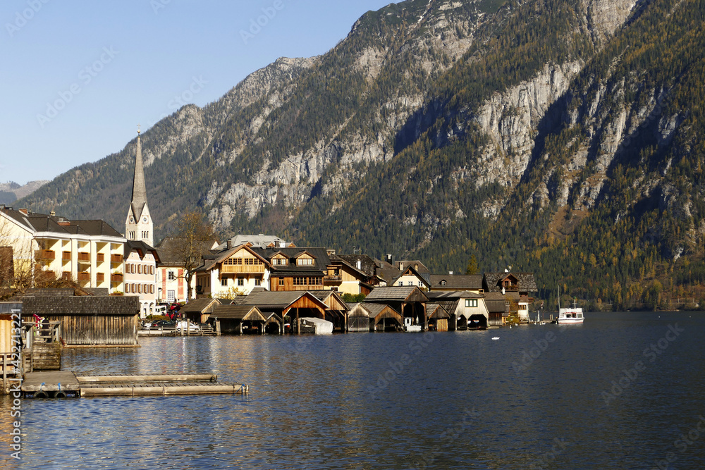 Hallstatt village in the autumn by the lake side in Austria