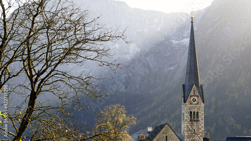 Top of the church in Alpine village of Hallstatt in Austria
