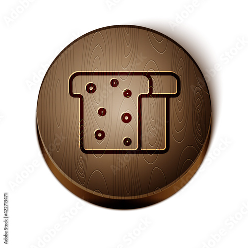 Brown line Bread toast for sandwich piece of roasted crouton icon isolated on white background. Lunch, dinner, breakfast snack. Wooden circle button. Vector