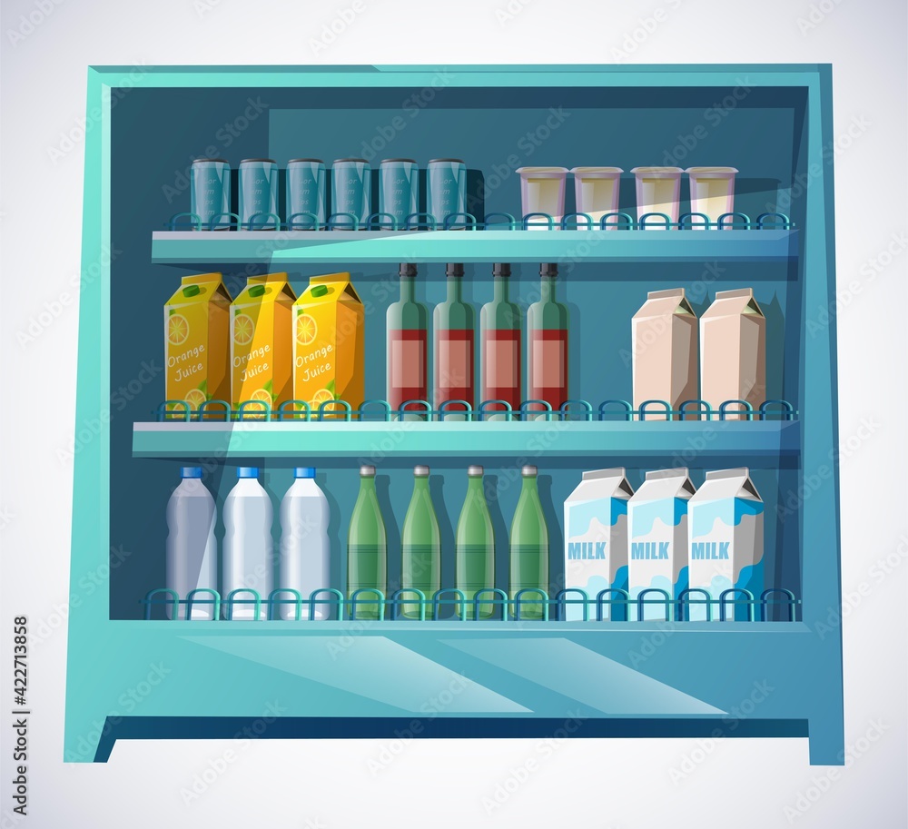 Vector cartoon style supermarket shelves with food and drinks. Vector cartoon style supermarket shelves with food and drinks.