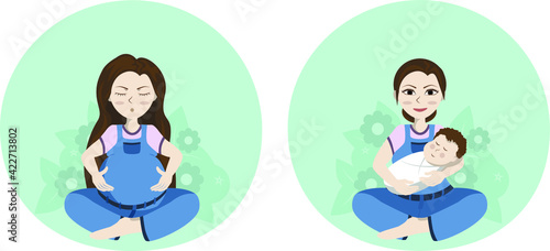 set a pregnant woman in a lotus position and a woman with a baby in her arms. Pregnancy. Newborn. Happy mom