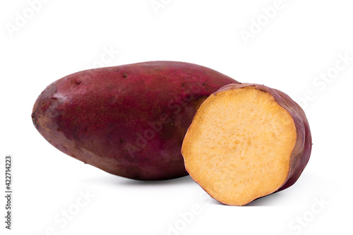 Isolated sweet potato. Raw sweet potato with sliced on white background. clipping path.