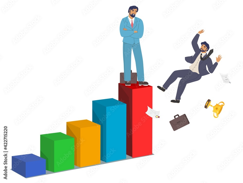 Businessman, office worker or employee falling down from bar chart, flat vector illustration. Business career collapse. Businessman, office worker or employee falling down from bar chart, flat vector illustration. Business career collapse.