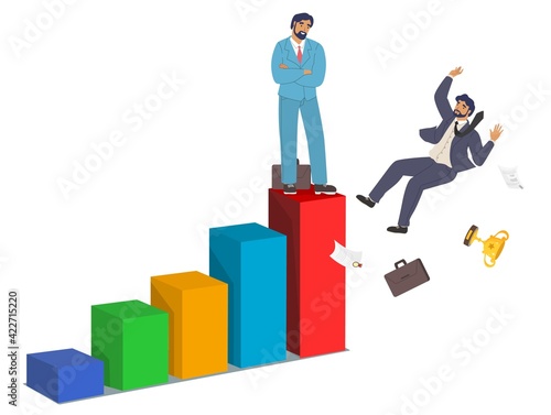 Businessman, office worker or employee falling down from bar chart, flat vector illustration. Business career collapse.