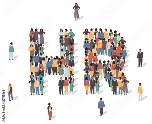 Large group of people standing together forming HR letters, flat vector illustration. Hiring, employment human resources