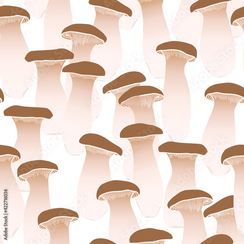 Royal oyster mushroom. Hand drawing edible mushrooms. Seamless background. Botanical pattern. 