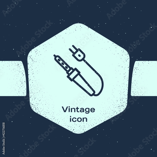 Grunge line Soldering iron icon isolated on blue background. Monochrome vintage drawing. Vector