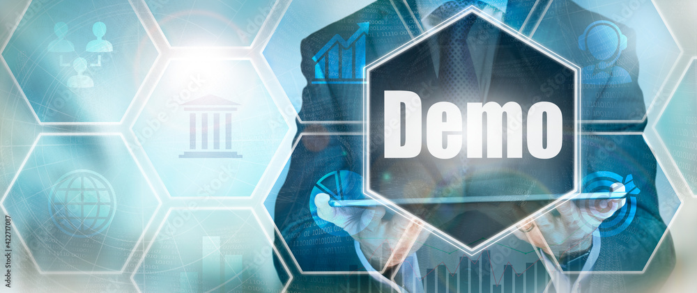 A Demo business word concept on a futuristic blue display.
